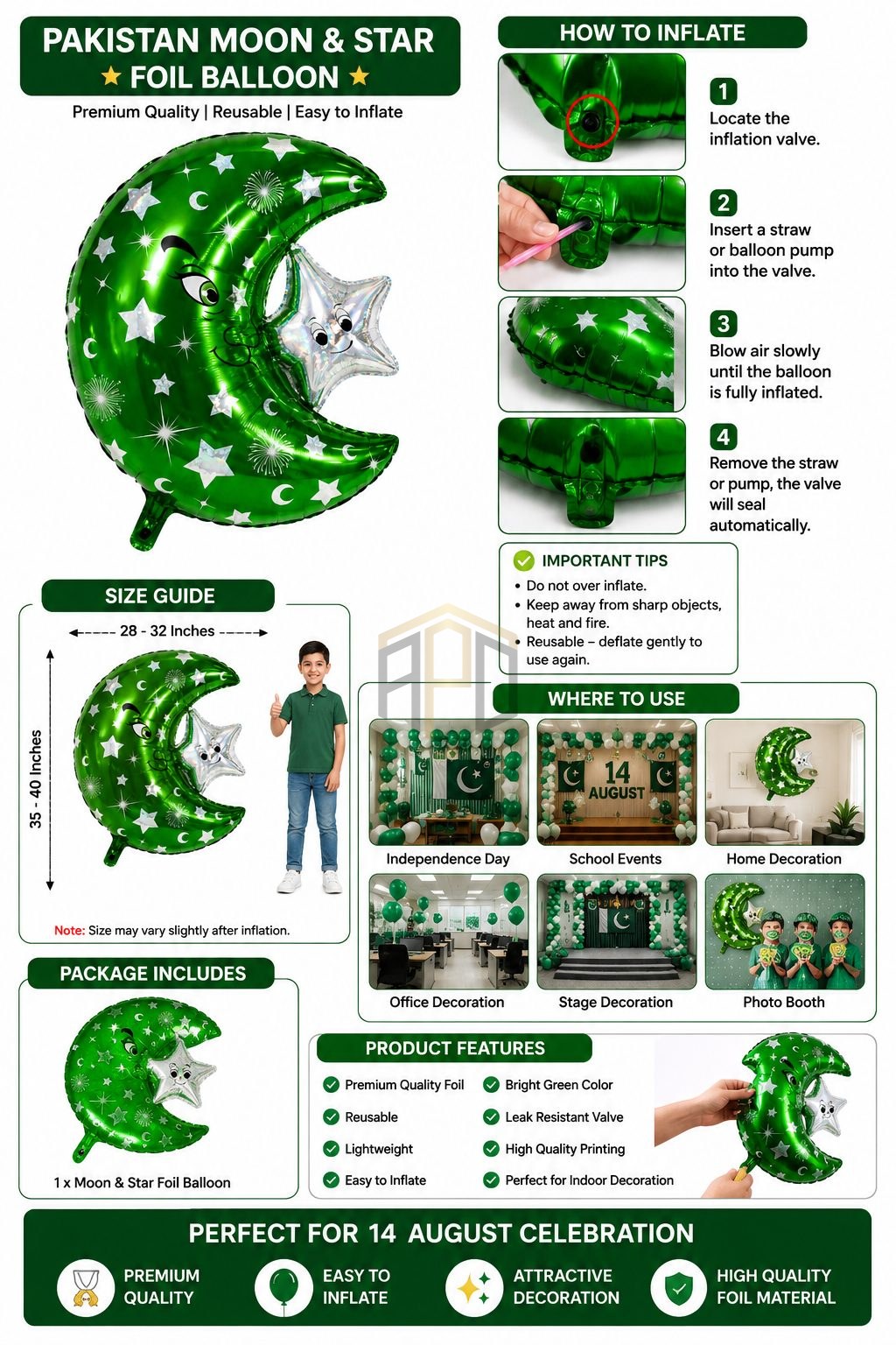 Moon & Star Green Foil Balloon for 14 August Pakistan Independence Day Decoration