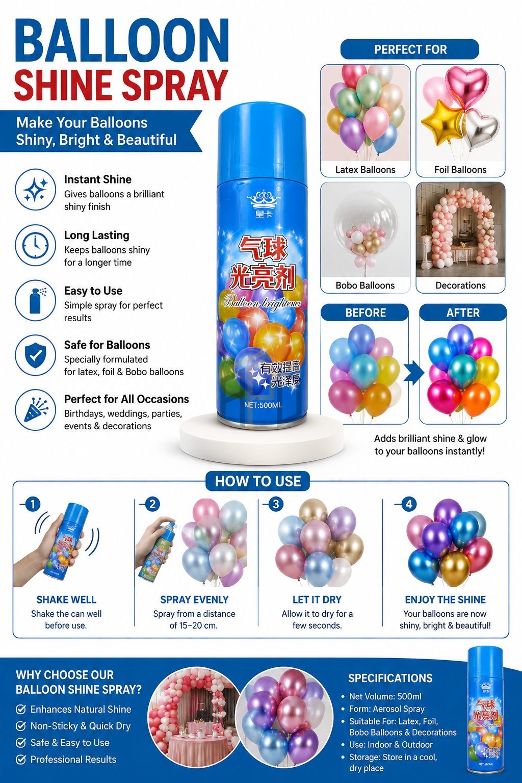 Balloon Shine Spray 500ml for Latex, Foil & Bobo Balloons