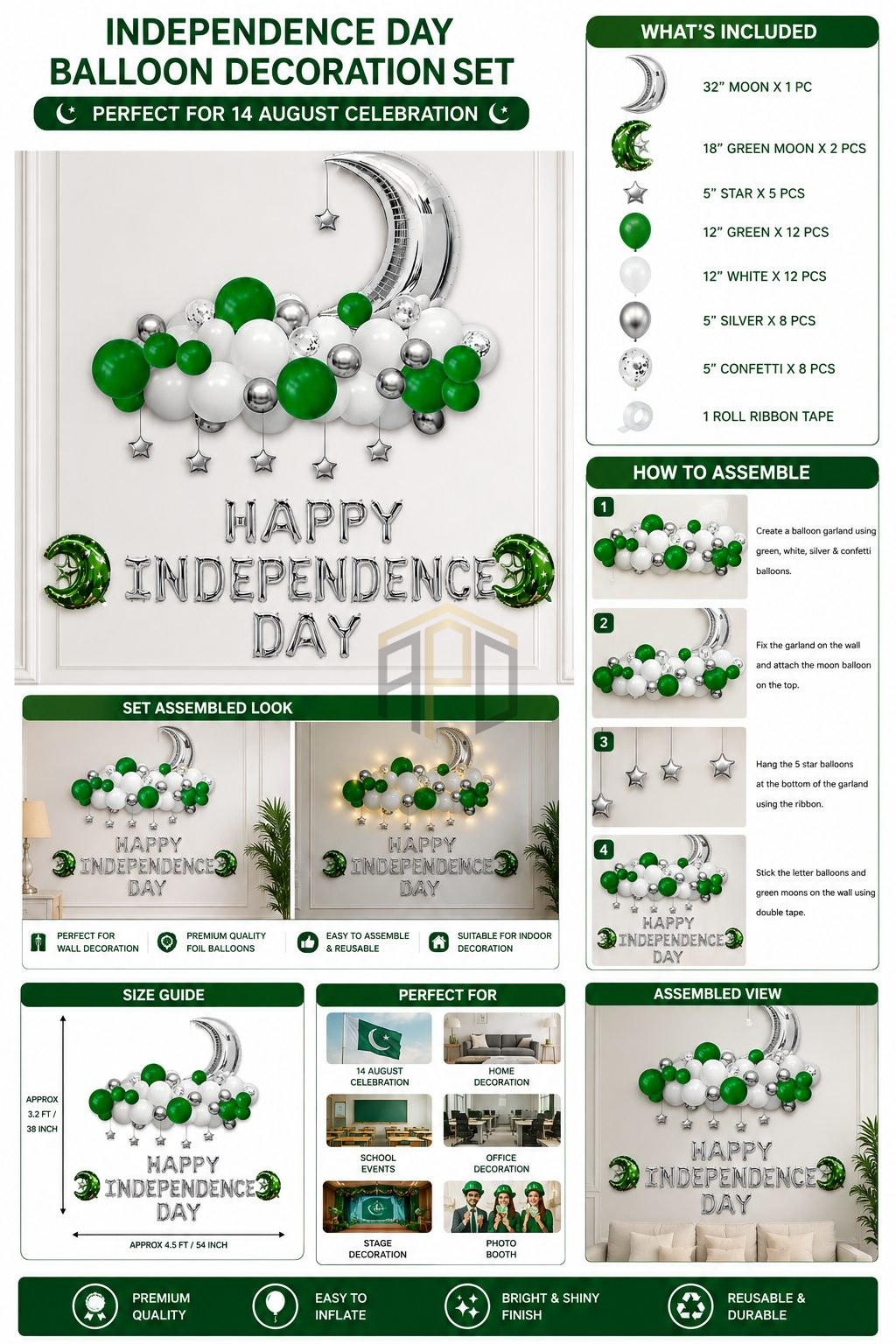 14 August Independence Day Balloon Decoration Kit – Pakistan Flag Theme Party Set