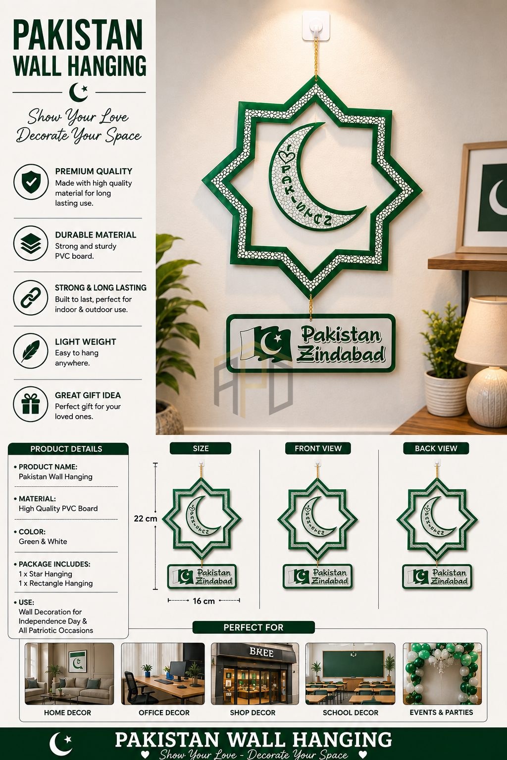 Pakistan Zindabad Moon & Star Wall Hanging Decor (2 Pcs Pack)