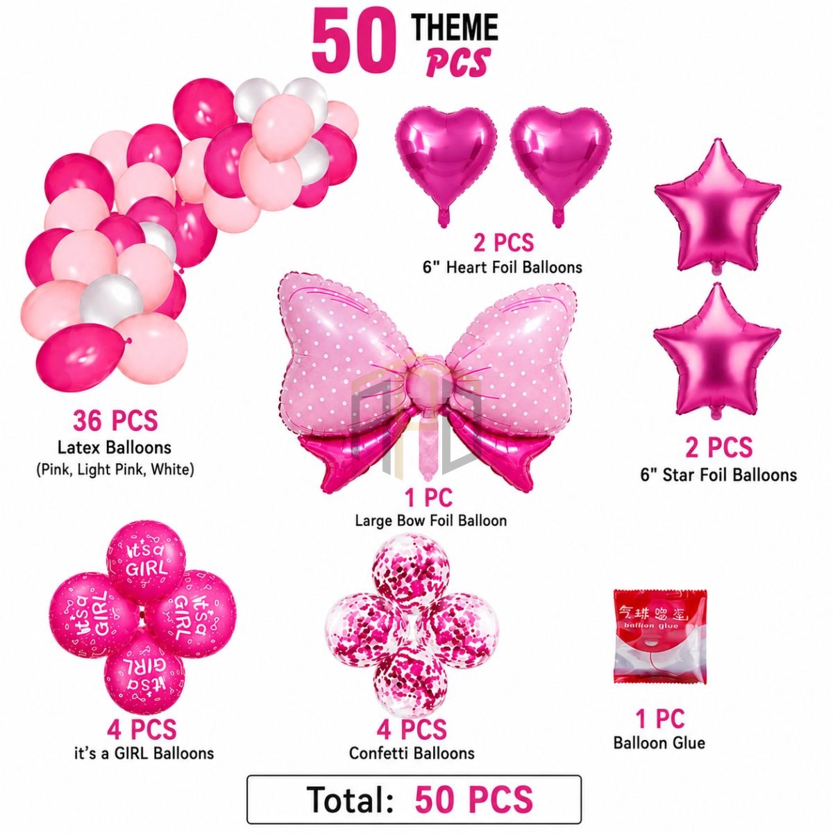 Pink Bow Balloon Garland Decoration Kit – 50 PCS Foil & Latex Balloon Set