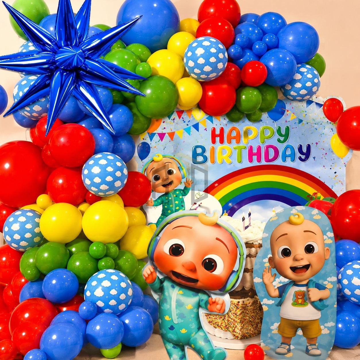 Cocomelon Happy Birthday Balloon Decoration Kit – Blue Rainbow Theme