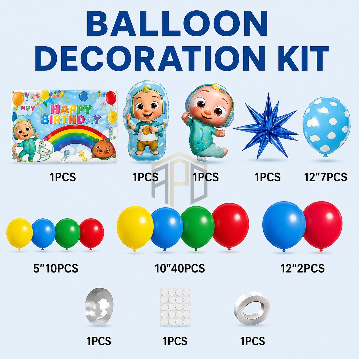 Cocomelon Happy Birthday Balloon Decoration Kit – Blue Rainbow Theme
