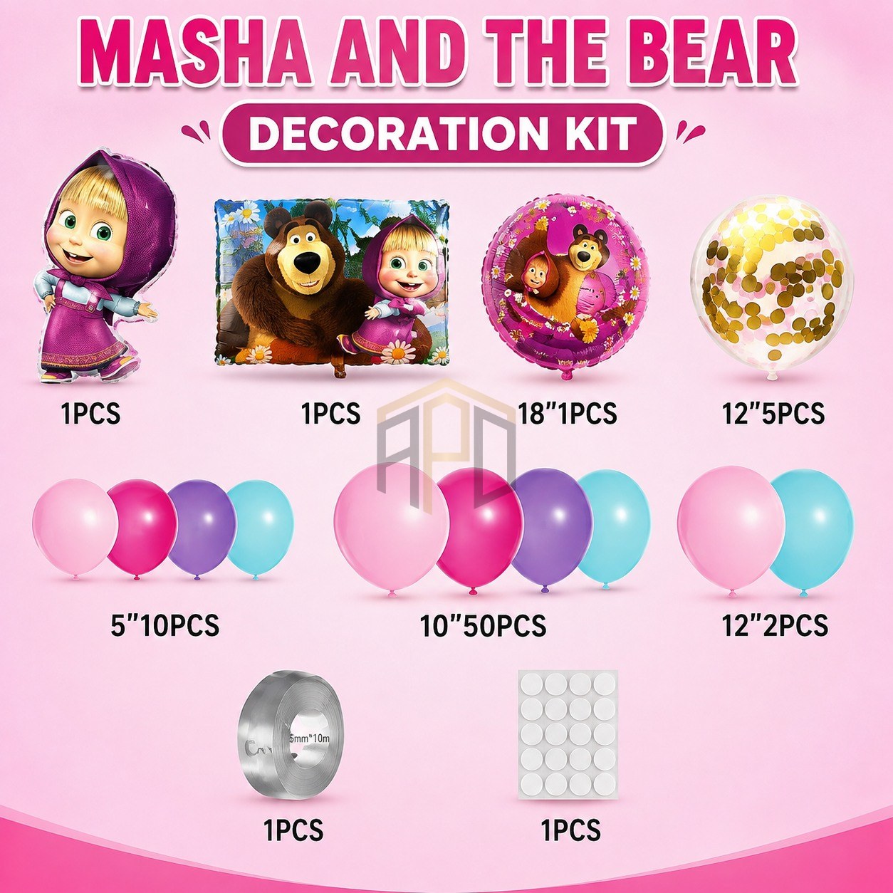 DiMi Masha and the Bear Happy Birthday Balloon Decoration Kit – Cartoon Theme Party Set with Balloon Garland (YY-199)