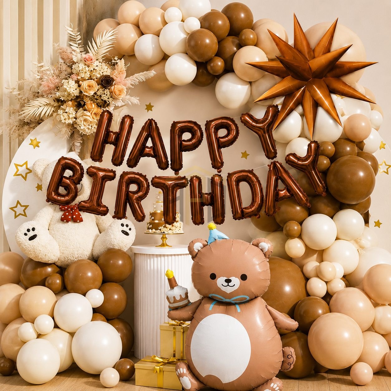 Bear Theme Happy Birthday Balloon Decoration Kit with Teddy Bear Foil Balloon, Brown Beige Balloon Garland Arch & Birthday Party Decor Set