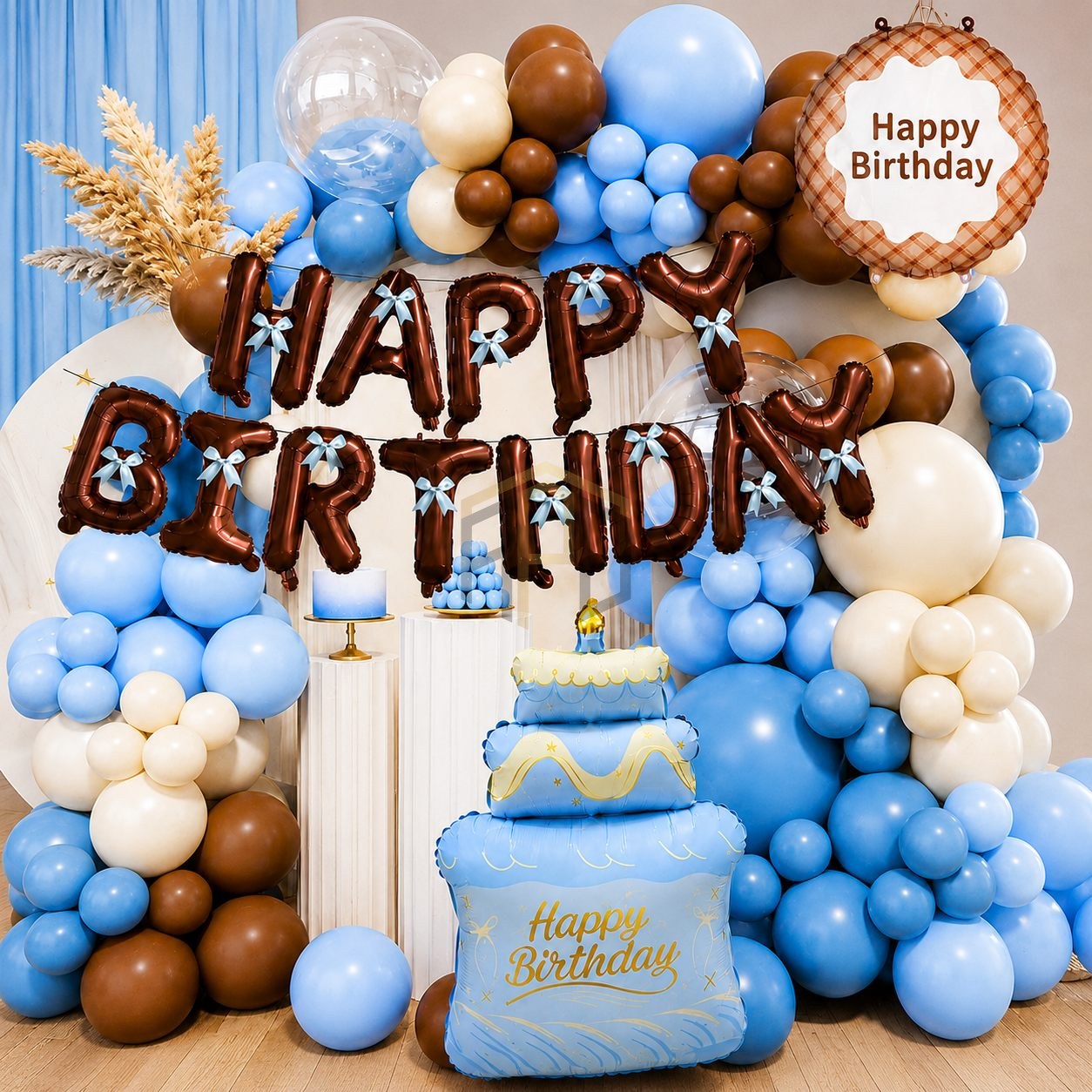 Blue Brown Happy Birthday Balloon Decoration Kit with Foil Letter Balloons, Cake Foil Balloon & Balloon Garland Arch Set for Birthday Party