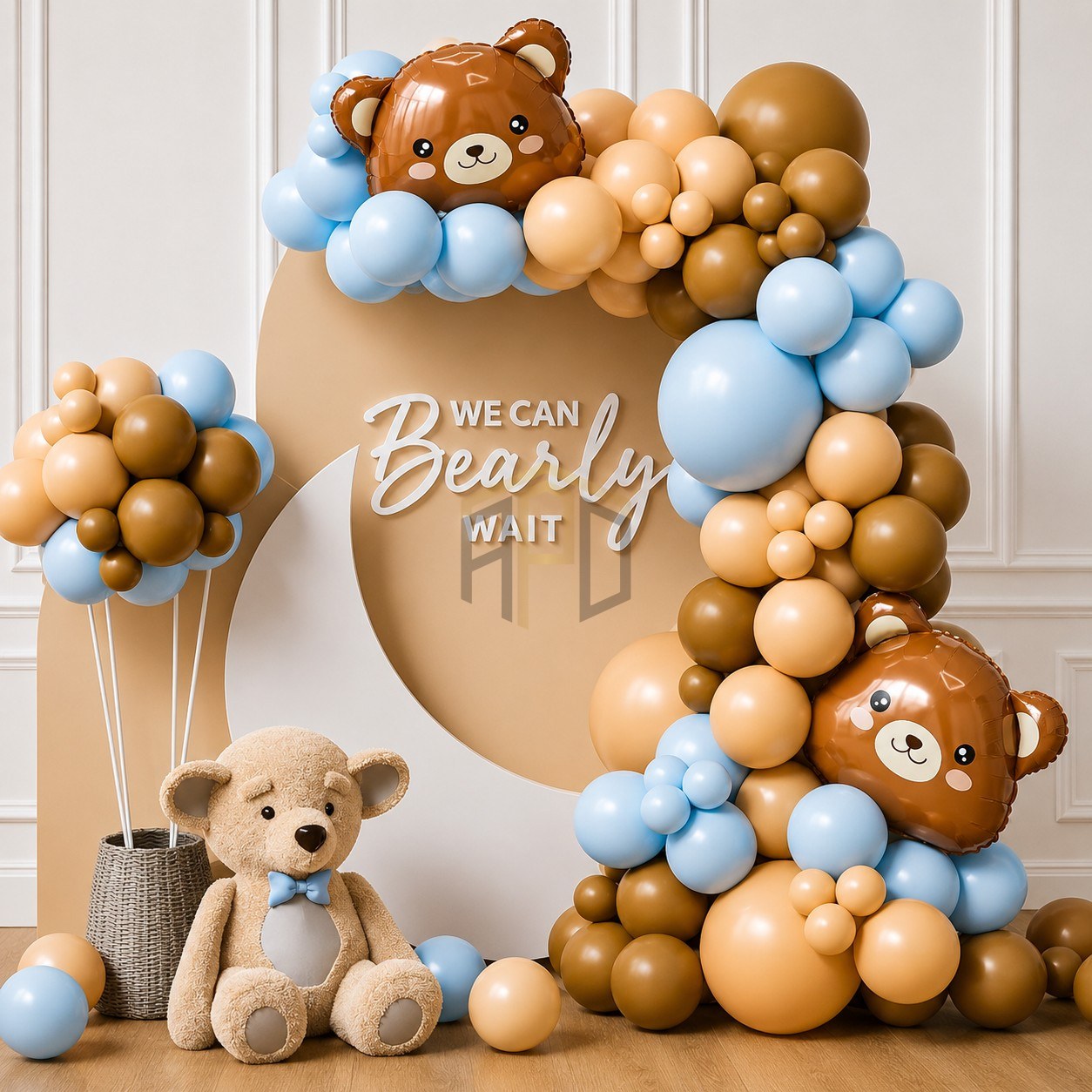 100 PCS Teddy Bear Baby Shower Balloon Garland Arch Kit – Blue & Beige Bear Theme Party Decoration Set for Baby Boy Birthday & Welcome Baby Events