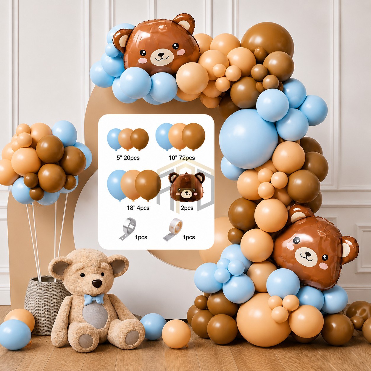 100 PCS Teddy Bear Baby Shower Balloon Garland Arch Kit – Blue & Beige Bear Theme Party Decoration Set for Baby Boy Birthday & Welcome Baby Events