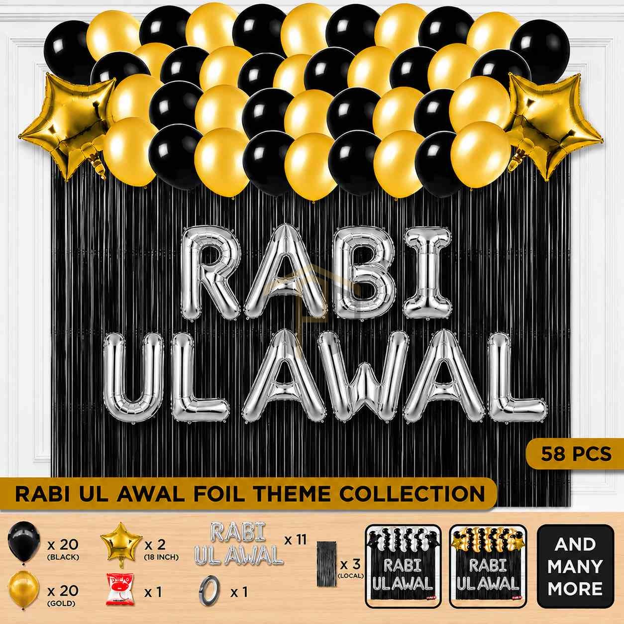 Rabi Ul Awal Foil Theme Set 58 Pcs Gold Silver - Milad Decor