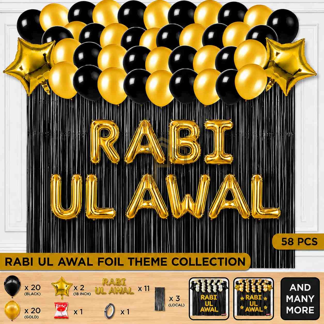 Rabi Ul Awal Foil Theme Set 58 Pcs Gold Silver - Milad Decor