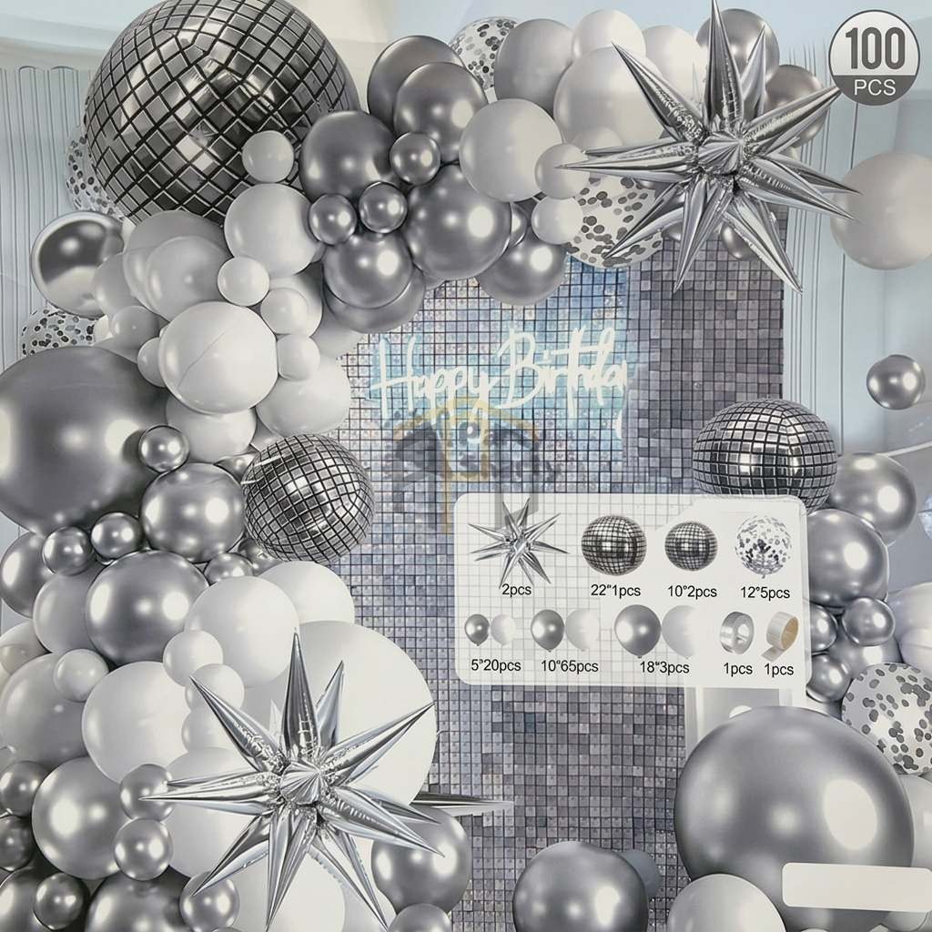 100 Pcs Silver White Balloon Garland Theme Set - Party Decoration