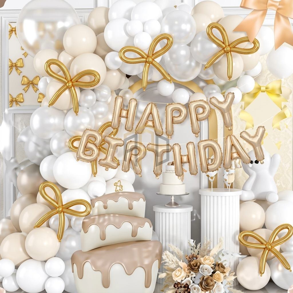 Happy Birthday Balloon Decoration Theme Set – White, Golden & Silver
