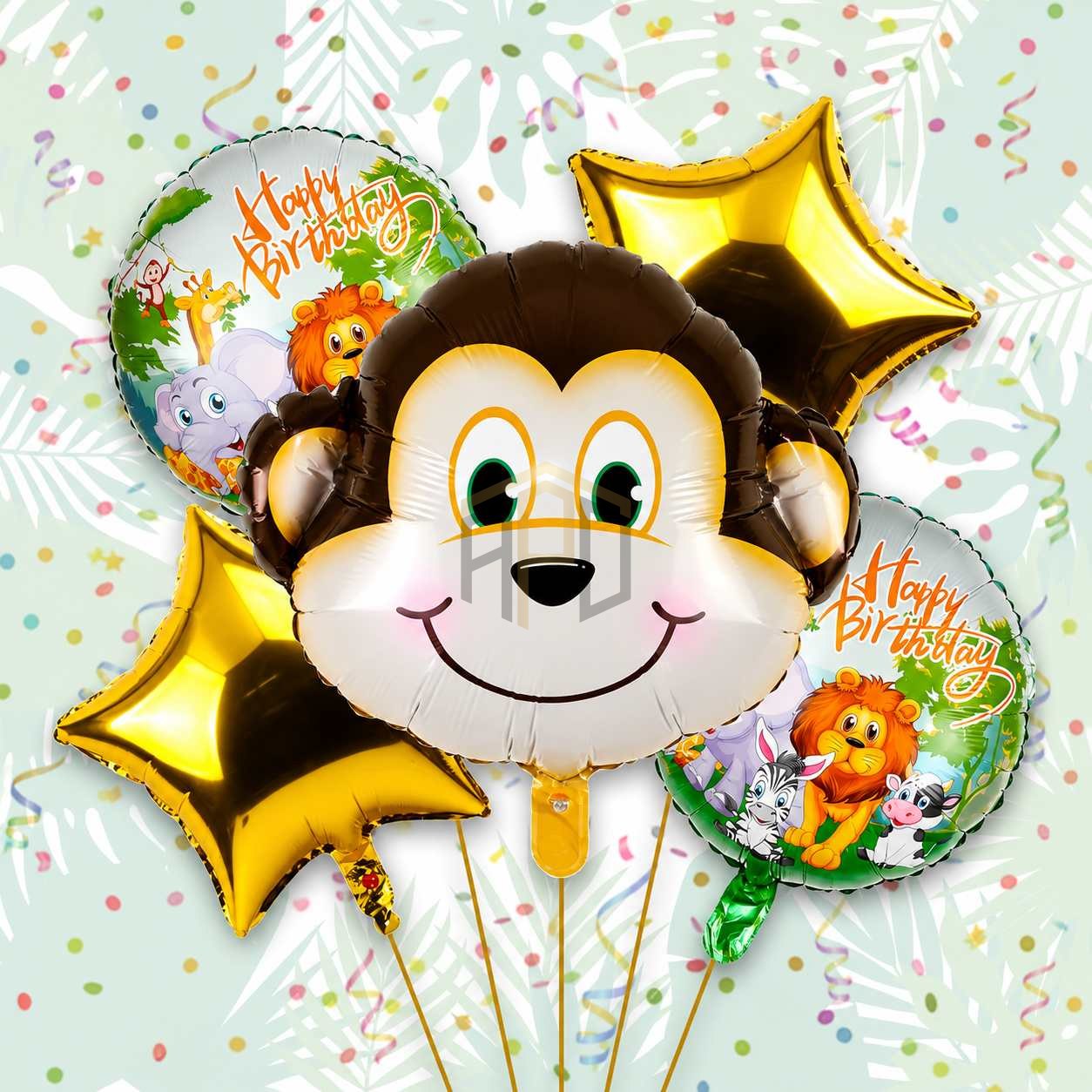 5pcs Cartoon Animal Foil Balloon Set with Star & Happy Birthday Balloons