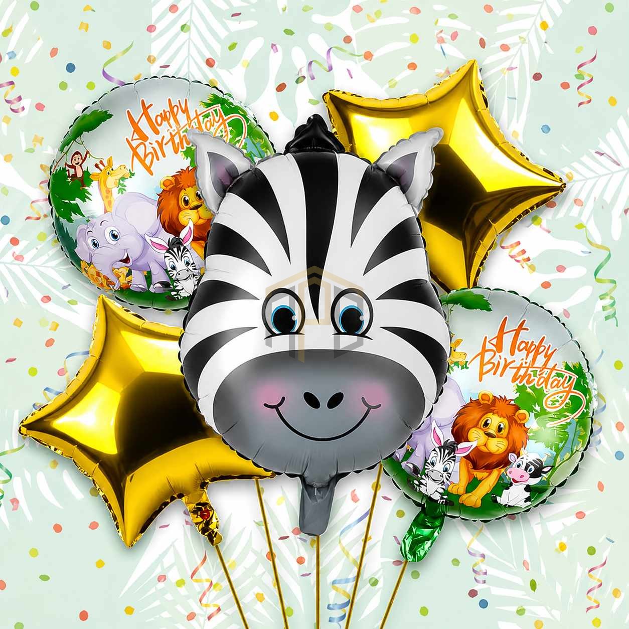 5pcs Zebra Cartoon Foil Balloon Set with Star & Happy Birthday Balloons