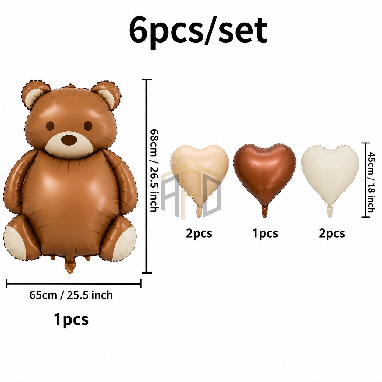 6pcs Teddy Bear & Heart Foil Balloon Set