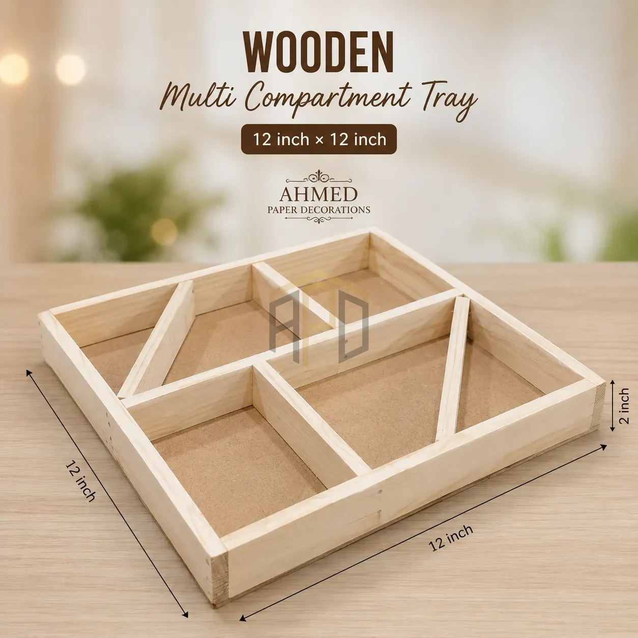 Wooden Multi Compartment Tray 12×12 Inch