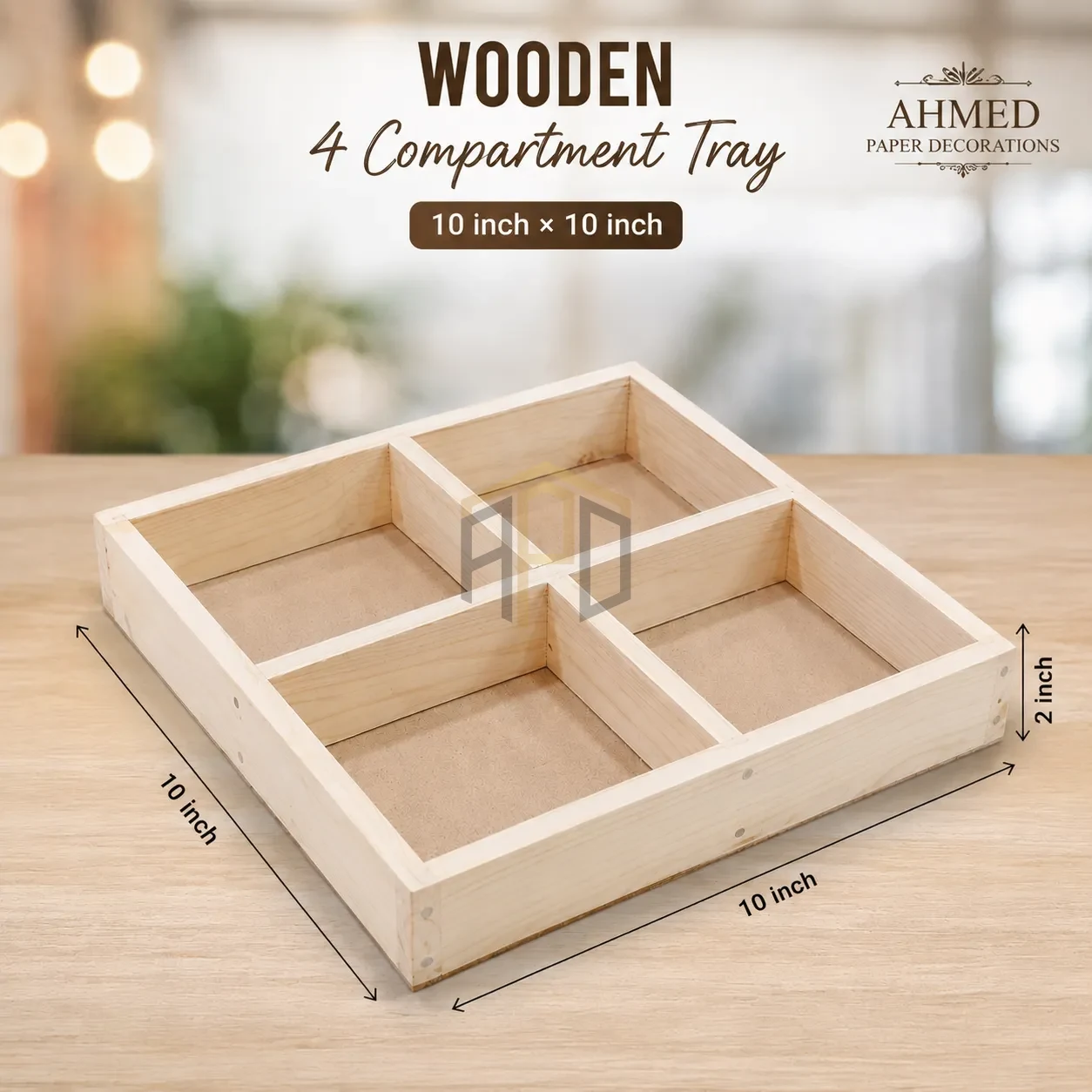 Wooden 4 Compartment Tray 10×10 Inch
