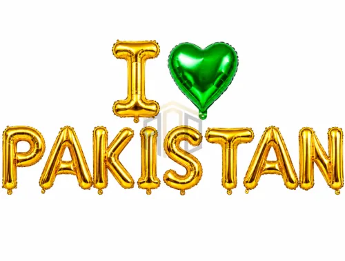 I Love Pakistan Letter Foil Balloon Set with Green Heart – Gold & Silver | Independence Day Decoration