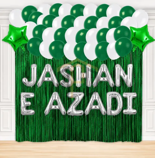 Jashan-e-Azadi Balloon Decoration Kit with Green Foil Curtain & Silver Letter Balloons | Pakistan Independence Day Party Set