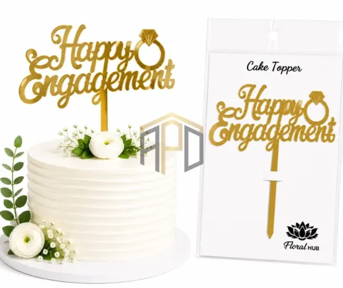 Happy Engagement Cake Topper – Premium Gold Acrylic Cake Decoration for Engagement Party