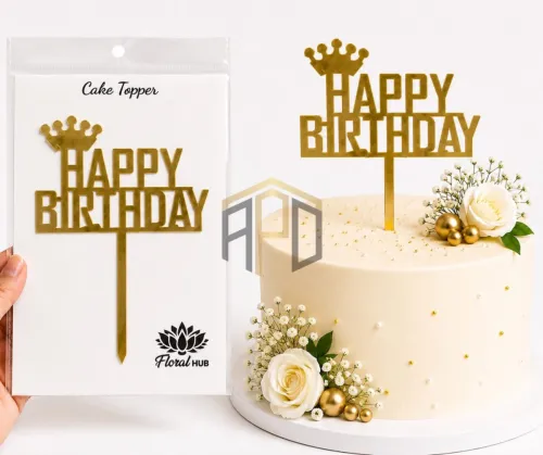 Happy Birthday Acrylic Cake Topper – Golden Mirror Finish | Birthday Cake Decoration