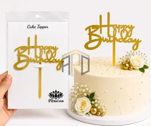 Happy Birthday Acrylic Cake Topper – Golden Mirror Finish | Birthday Cake Decoration