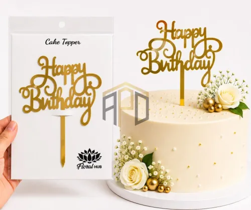 Happy Birthday Acrylic Cake Topper – Golden Mirror Finish | Birthday Cake Decoration