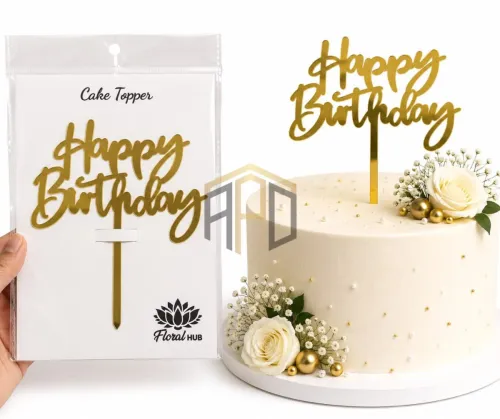 Happy Birthday Acrylic Cake Topper – Golden Mirror Finish | Birthday Cake Decoration