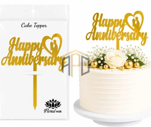 Happy Anniversary Acrylic Cake Topper with Couple Silhouette – Golden Mirror Finish | Anniversary Cake Decoration