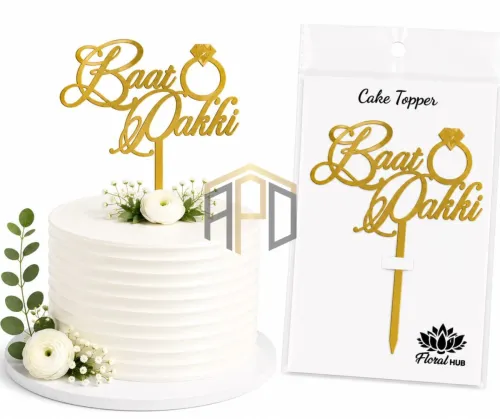 Baat Pakki Cake Topper – Golden Acrylic Engagement Cake Decoration Topper for Nikah, Proposal & Ring Ceremony