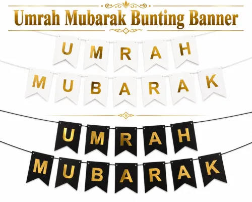 Umrah Mubarak Banner Decoration – Gold Letter Hanging Banner | White & Black Color | Islamic Party Decoration