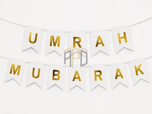 Umrah Mubarak Banner Decoration – Gold Letter Hanging Banner | White & Black Color | Islamic Party Decoration