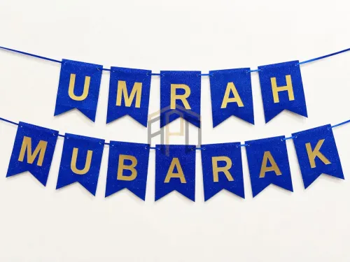 UMRAH MUBARAK Glitter Banner – Premium Glitter Card Hanging Decoration (Blue & Purple)