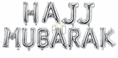 HAJJ MUBARAK Foil Letter Balloon Banner Set – Gold, Silver & Black Colours Available