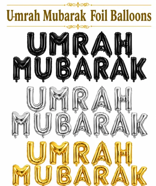 UMRAH MUBARAK Foil Letter Balloon Banner Set – Gold, Silver & Black Colours Available