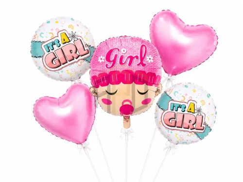 Baby Girl Face Foil Balloon Set with Pink Heart Balloons – It's a Girl Newborn Welcome Decoration Kit