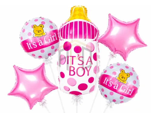 It's a Girl Baby Bottle Foil Balloon Set with Pink Star Balloons – Newborn Baby Girl Welcome Decoration Kit