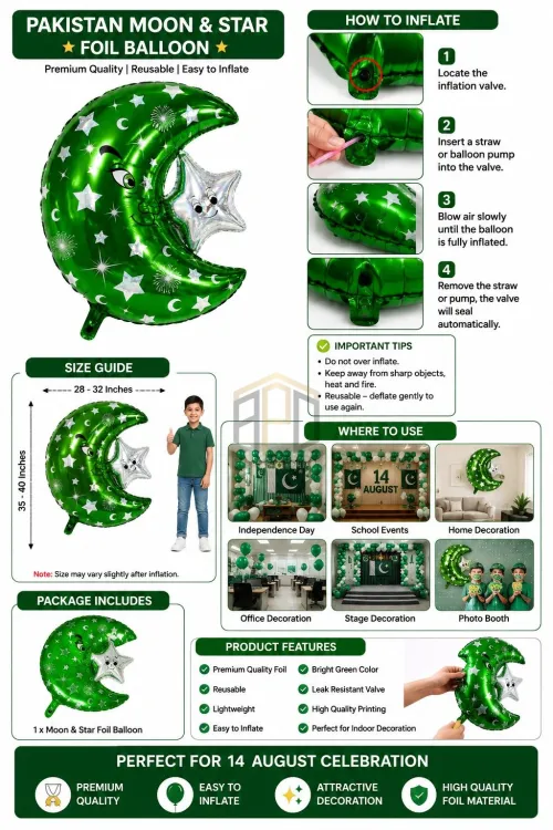 Moon & Star Green Foil Balloon for 14 August Pakistan Independence Day Decoration