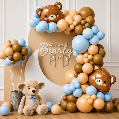100 PCS Teddy Bear Baby Shower Balloon Garland Arch Kit – Blue & Beige Bear Theme Party Decoration Set for Baby Boy Birthday & Welcome Baby Events