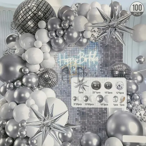 100 Pcs Silver White Balloon Garland Theme Set - Party Decoration