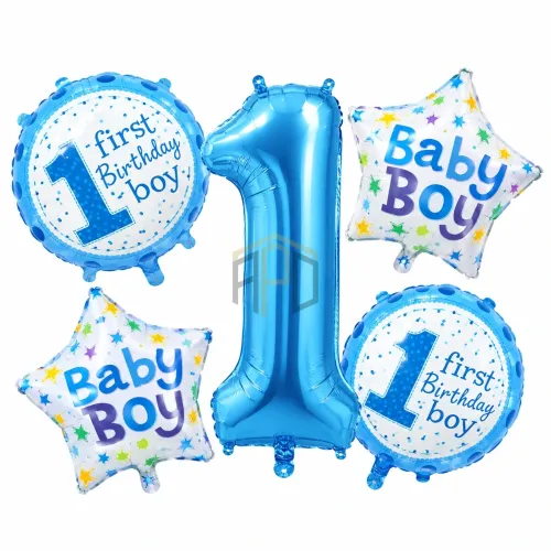 1st Birthday Foil Balloons Set 5 Pcs | Pink Girl & Blue Boy Birthday Decoration Balloons