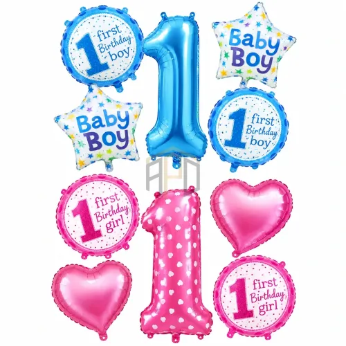 1st Birthday Foil Balloons Set 5 Pcs | Pink Girl & Blue Boy Birthday Decoration Balloons