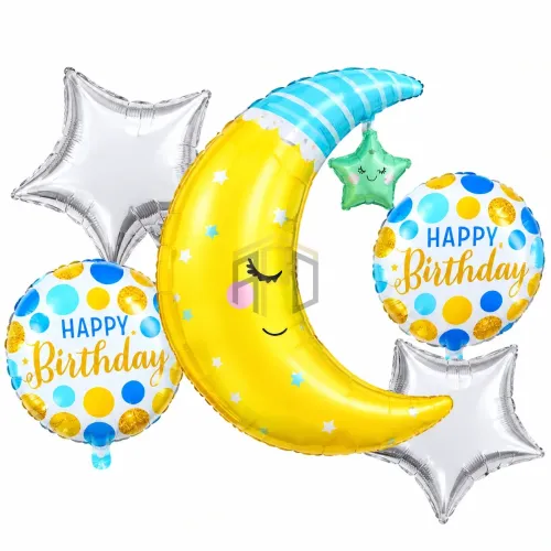 Happy Birthday Moon & Star Foil Balloons Set