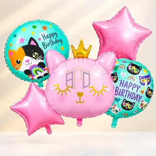 Pink Cat Happy Birthday Foil Balloons Set – 5 Pcs