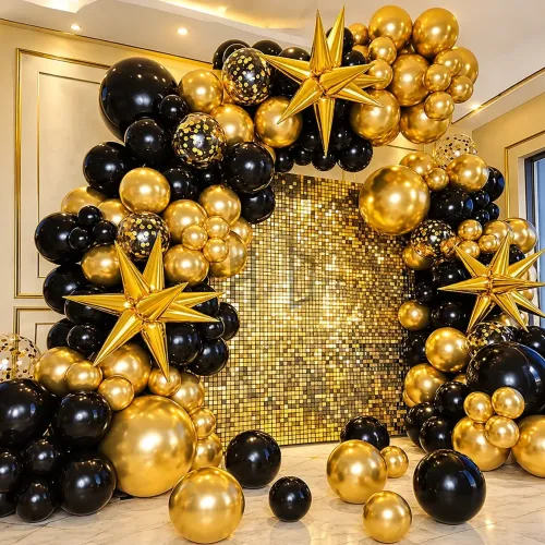 100Pcs Black & Metallic Gold Balloon Arch Kit with Explosion Star Balloons
