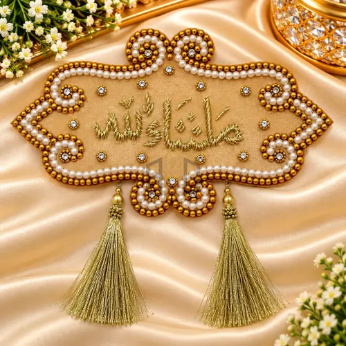 Fancy Shadi Mubarak Bazu Bandh – Pearl, Stone & Golden Tassel Arm Band