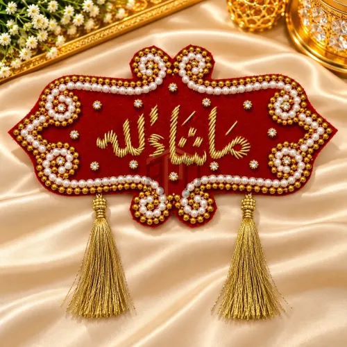 Fancy Shadi Mubarak Bazu Bandh – Pearl, Stone & Golden Tassel Arm Band