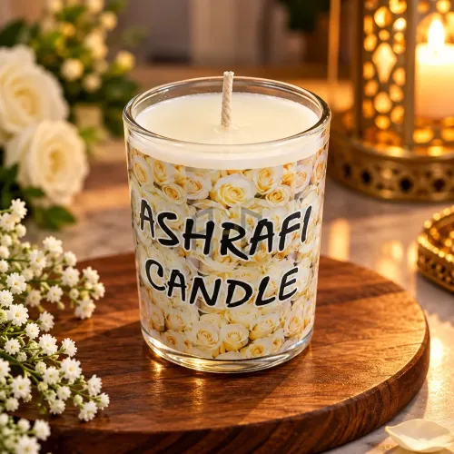 Ashrafi Candle – Decorative Rose Design Candle in Glass Jar