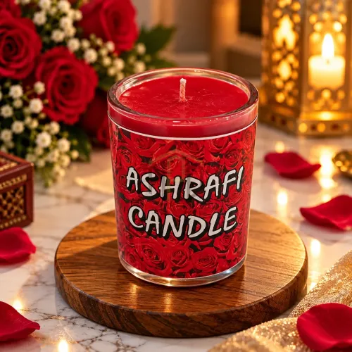 Ashrafi Candle – Decorative Rose Design Candle in Glass Jar