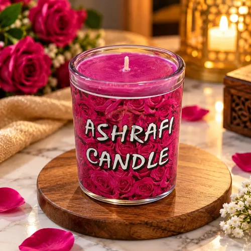 Ashrafi Candle – Decorative Rose Design Candle in Glass Jar